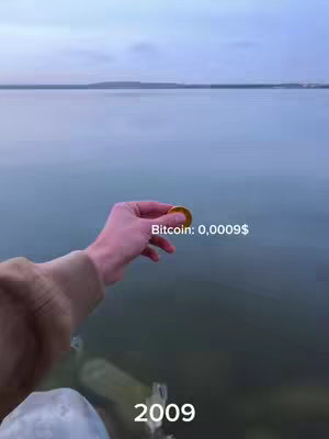 A view of a lake under a cloudy sky. A hand with a sleeve is holding a bitcoin coin above the water. The text overlay says 'Bitcoin: 0,0009$' over the coin. At the bottom of the image is the number '2009'.