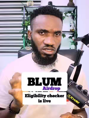 A man with a short, dark beard is looking at the camera with a serious expression. Text overlays read 'BLUM Airdrop' and 'Eligibility checker is live' over a white background. The background includes shelves, bottles, and a gray microphone.