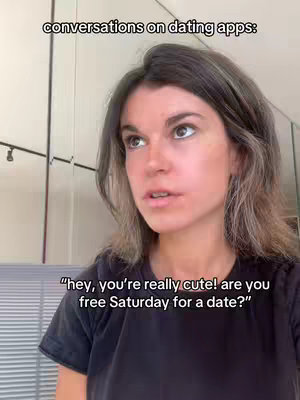 A woman with brown hair and a black shirt looks slightly upwards and to the left, the overhead text reads conversation on dating apps, the text on the bottom of the image shows a phrase.