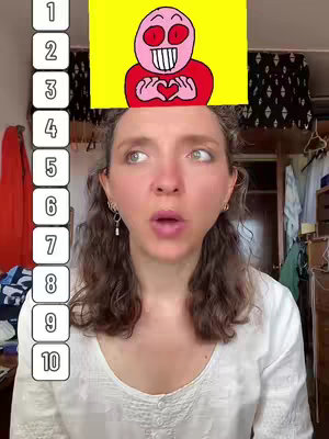 A selfie-style shot featuring a woman with wavy brown hair, a white shirt, and hoop earrings. She has her mouth open and is looking upwards, and an animated cartoon with a pink face, red eyes, and a heart-shaped pose is overlaid at the top of her head. The numbers 1-10 are listed in a vertical column to the left.