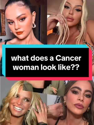The image is a collage of four women with different looks. The background is blurred with a light and dark design. A black and red banner is at the bottom with the question 'what does a cancer woman look like??' in white letters.