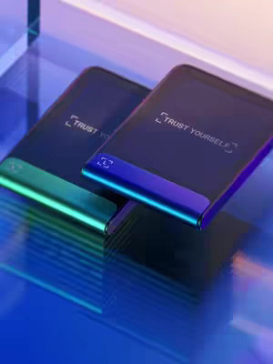 A product shot showcasing two Ledger Flex devices, one in Oxidate Green and the other in Neptune Blue, on a reflective surface that enhances the colors and provides a sense of depth. The devices are sleek and modern, with a metallic sheen, set against a blurred, abstract background with blue tones. The composition focuses on the products themselves.