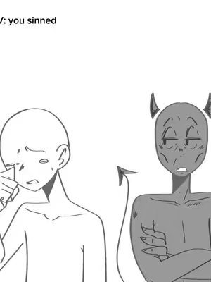 An animated image depicting a simplistic narrative. On the left, there is a figure with white skin, a bald head and a neutral expression, appearing slightly distressed. Tears are subtly indicated near the eye. On the right, there is a dark-skinned devilish figure with horns and a tail, arms crossed and an apathetic expression.
