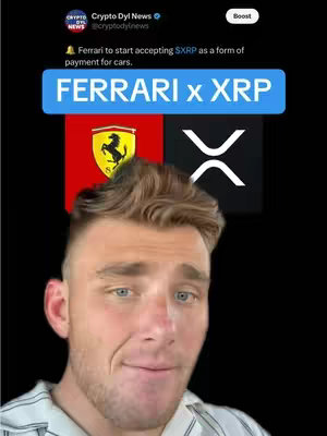 A man with light skin and short brown hair looks at the camera with a slightly surprised expression. The top portion of the image is split into three sections: the top left contains the Ferrari logo (a black horse on a yellow background), the top right displays the XRP cryptocurrency logo (a white X on a black background), and the middle segment shows a blue rectangle with the text "FERRARI x XRP". Behind the man, the background is a solid black color, with a Twitter-like user profile card at the top, including a logo for crypto news.