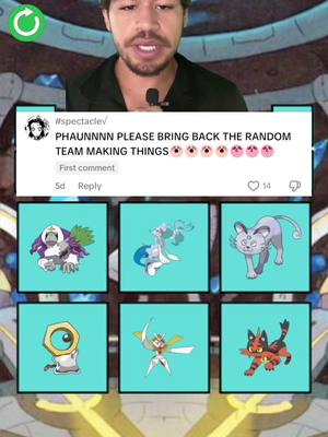The cover image features a man in the top portion and several Pokemon characters. The man is centered, with a microphone clipped to his shirt. Below, six Pokemon images are displayed in a grid, each within a teal square.