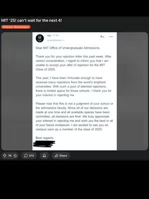 The image is a screen capture of a social media post showing a rejection letter from MIT to a student. The letter is the primary focus, presented against a grayscale background. A text overlay in a colored box at the top left reads 'MIT '25! can't wait for the next 4!