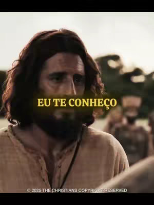 The cover photo displays a man with long brown hair and a beard, likely portraying Jesus. The top of the image is a blurred outdoor scene. In the center, a yellow text overlay reads "EU TE CONHEÇO." Behind the man are other indistinct figures in what appears to be an outdoor scene. A copyright notice is in the bottom left corner.
