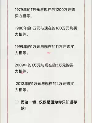 White background with text overlaid in black color. The text is organized in a list format. The first few lines detail the purchasing power of 10,000 RMB in various years. The final line says 'And that's because you only know savings!'