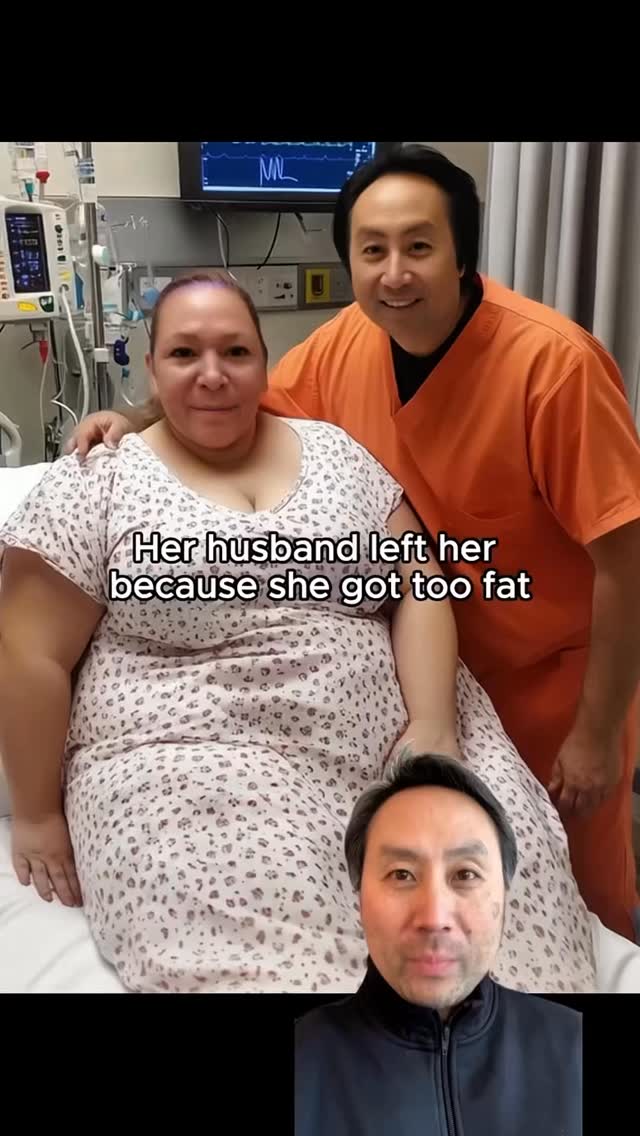 The image is a selfie-style shot within a hospital setting. The frame is occupied by two primary figures: a woman in a hospital gown and a man in orange scrubs. The woman, seated, appears to be the central focus, with the man standing beside and slightly behind her with his hand on her shoulder. A third, zoomed-in self-portrait of the man appears at the bottom. The background includes medical equipment and a monitor.