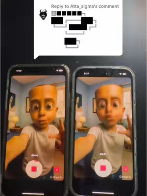 The cover image displays two smartphones side-by-side, each showing the same video. The main subject is a cartoonish depiction of a child's face, with large eyes and exaggerated features. The background inside the phone screens appears to be a room with blue walls, a window, and other furniture suggesting a home setting. In the top left corner, a speech bubble containing a comment chain and the avatar for the commentor overlaid on the original comment that's being replied to. Below the screens there exist indicators like '00:01' and 'target 11'