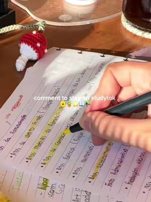The cover image features a close-up shot of a hand highlighting notes on a page with a yellow marker. The notes are written in a foreign language. A small, crocheted mushroom decoration sits on the desk next to the notebook. The overall composition is warm and inviting, suggesting a cozy study environment.