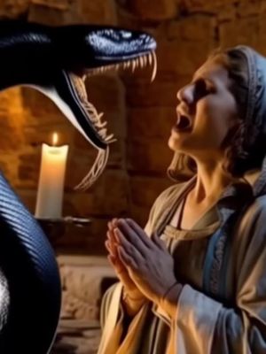 The image is a dramatic scene with a woman in a historical or religious setting. She is the focal point, shown in a close-up, with her face expressing intense emotion—her mouth is open in a scream or a cry, and her eyes are wide with fear. Her hands are clasped together in a gesture of prayer or pleading. A massive, dark serpent is positioned above the woman, with its mouth open, threatening her. A candle is lit in the background, adding a dimension of light and shadow to the scene. The lighting is dim, with the candlelight creating a warm glow that contrasts with the overall dark tones.