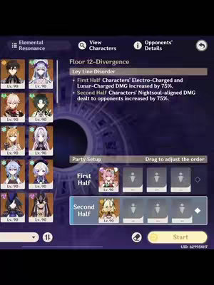 The cover image displays a screen capture from the game Genshin Impact, specifically showing the "Floor 12-Divergence" level setup. The interface includes character portraits with their levels, party setup options, and details about the Ley Line Disorder. The color scheme is predominantly purple and white, typical of the game's UI.