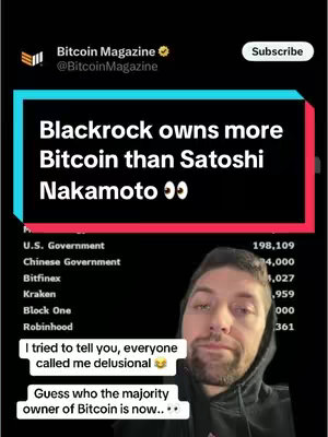 The cover image shows a man in a grey hoodie with light skin. He is looking at the camera with a neutral expression. Text overlays are prominent, including the title about Blackrock and Satoshi Nakamoto, along with additional comments.
