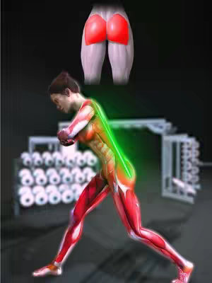 A digitally rendered anatomical illustration. The image is set against a dark background, featuring the side view of a person mid-lunge, highlighting their muscles and the correct form for targeting glutes. Above this figure are two highlighted red glutes, with a diagram illustrating the muscles involved. A green line traces along the person's spine, emphasizing the proper posture. In the background, blurry outlines hint at workout equipment, like weights, suggesting a gym setting.