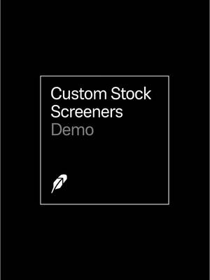 A stark, minimalist image with a black background. Centered is a white-bordered square containing the text 'Custom Stock Screeners' stacked above 'Demo'. Below those words is the logo, a white abstract feather.