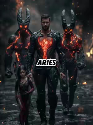 A dramatic, fantasy-themed image featuring three striking figures against a blurred, fiery background. A man with a beard stands in the center, wearing dark armor with a glowing, heart-shaped core. Flanking him are two imposing figures with black armor, large horns, and fiery accents. A young girl stands in front of the man. The word "ARIES" is superimposed over the image in a white, bold font.
