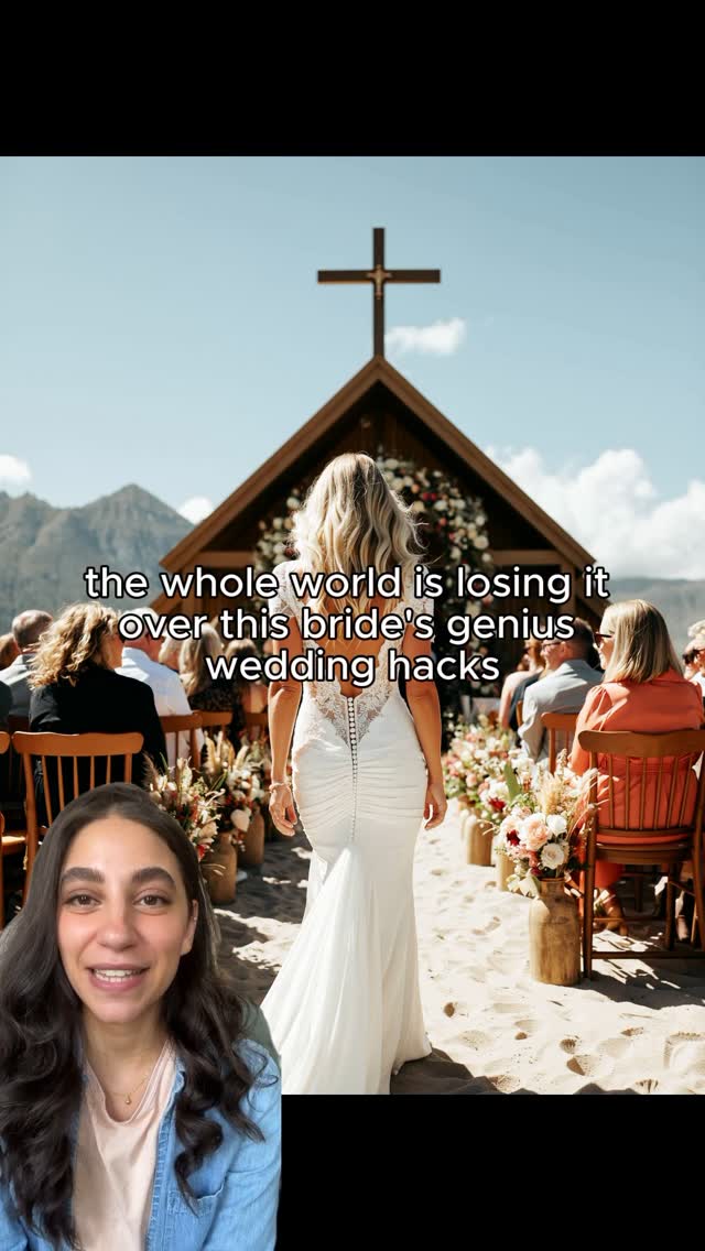 The cover image features a bride walking down a sandy aisle towards a wooden structure with a cross. She's wearing a white wedding dress and has her back to the camera. The foreground includes a smiling woman overlayed on the image. The text overlay states "the whole world is losing it over this bride's genius wedding hacks."