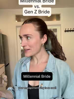 A woman with brown hair pulled back in a ponytail looks slightly to the left with an expression of surprise or interest. She is wearing a light blue denim jacket over a black top. Above her head, text in a rectangular box reads 'Millennial Bride vs. Gen Z Bride'. Below, another box states 'Millennial Bride', followed by a smaller text overlay on the image that reads 'your engagement ring is so cool!'