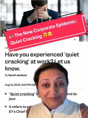 The cover image is a vertical shot featuring a woman in the foreground and overlaid text. Behind the woman is a screenshot of a news article with a man holding his head in his hands. The woman is smiling while looking at the camera, and behind her is a screenshot of a news article with the headline "The New Corporate Epidemic: Quiet Cracking". The background is a screenshot of a news article.