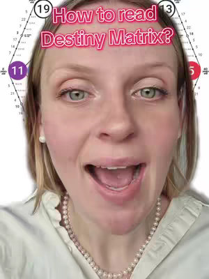 A close-up shot features a woman with fair skin, blonde hair, and visible pearl earrings and a pearl necklace. Her mouth is open as though she is speaking or excited. Behind her, a blurred background includes a numerology chart, with some text overlays on the top.