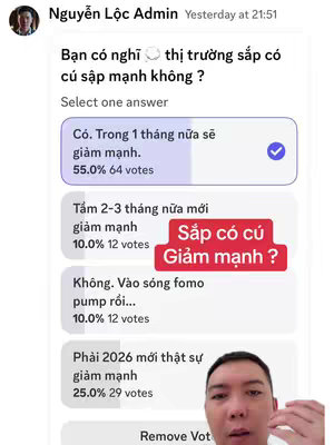 The image features a poll question overlayed on a selfie-style video. The poll asks: 'Do you think a market crash is imminent?' with options for 'Yes, in a month', 'Yes, in 2-3 months', 'No, FOMO is pumping', and 'Not until 2026'. The creator is in the bottom right corner looking at the camera, and the red box highlights the question and the text that reads "Sắp có cú Giảm mạnh ?".