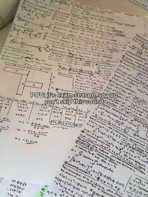 A close-up shot of a well-used notepad filled with handwritten notes, equations, and diagrams. A layer of text in the image reads 'POV: it's exam season, so you can't skip this sound'.