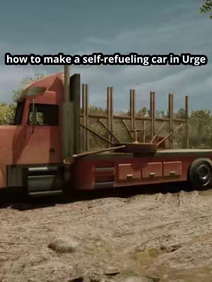 The cover image features a large, red, semi-truck parked on a dirt road. The truck has a flatbed with vertical beams. The sky is overcast. Text overlayed on top reads, 'how to make a self-refueling car in Urge'.