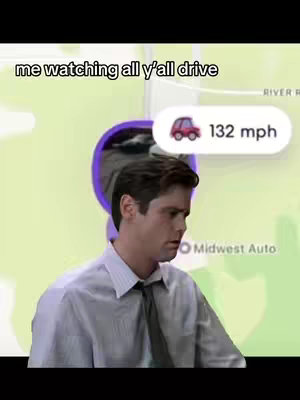 The cover image shows a man looking concerned in front of a phone screen displaying a map and a car icon with the text '132 mph'. The map is light green with additional blurred out features. Above the map is white text that reads 'me watching all y'all drive'.