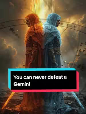 The cover image features two figures mirroring each other, each wearing a hooded robe. The figure on the left has predominantly orange/red coloring, while the figure on the right is predominantly blue. They stand with their backs to each other, their silhouettes framed against a background that includes celestial elements like a clock face with zodiac symbols and a bright, glowing element that could represent fire. Below the figures, a black and red banner carries the text 'You can never defeat a Gemini,' with a background of water and two swords forming an 'X'.