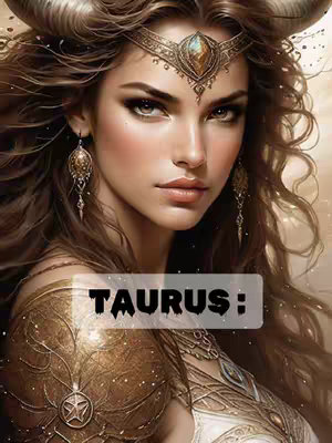 An AI-generated image of a woman with long, flowing brown hair and elaborate headwear, resembling a crown with a prominent central gemstone. She has striking eye makeup and is wearing ornate shoulder armor. The image has a soft, golden background, with a white-filled text box across the center displaying the word 'TAURUS:' in bold, black text, adding to the astrological theme.