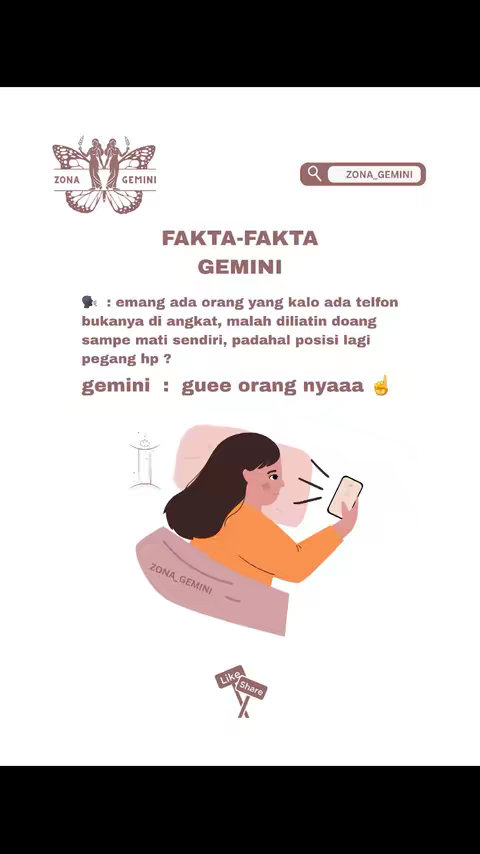 An illustration featuring a light-colored background. Text in a bold font forms the title "FAKTA-FAKTA GEMINI". Below that a paragraph of text is present. At the bottom left is social media engagement suggestions to "Like" and "Share". The image also has an illustration of a cartoon of a person lying down on a bed and holding a phone.