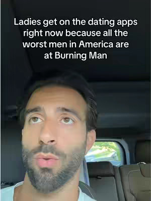 A man with a beard looks up, likely in a vehicle, with superimposed text about dating apps.