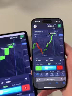 A person holding a smartphone displaying a trading app interface, along with another screen showing financial charts.  The smartphone screen displays real-time financial data graphs with trading options. The secondary screen provides related data. The background is neutral.