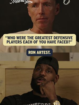 The cover image is vertically divided into two sections, the upper section shows the head of a light skinned person wearing a white t-shirt and the lower section is a head shot of a man with dark skin wearing a black cap and shirt. A text box gives the prompt "Who were the greatest defensive players each of you have faced?" and an answer. "Ron Artset."