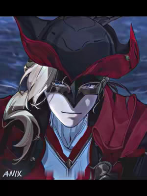 An illustration of a masked man wearing a tricorn hat. He has pale skin, blue eyes, and a serious expression. The color palette is dark, with red, black, and white dominating.