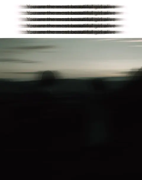 A vertically oriented video cover featuring a blurred landscape with a gradient sky. Overlaid on the top is horizontally repeated text that reads, "You are the most beautiful girl alive."