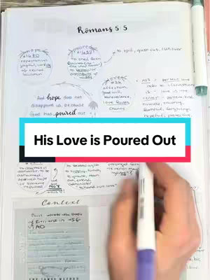 A notebook with handwritten notes and diagrams is displayed. A text overlay that reads 'His Love is Poured Out' is placed over the notes. A hand holding a pen can be seen in the bottom right.