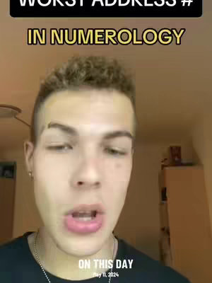 A young man with short, styled, light brown hair is centered in the frame, set against a blurry indoor backdrop with what appears to be warm interior wall coloring. The text "WORST ADDRESS #" is at the top, followed by "IN NUMEROLOGY", both in prominent, large, white sans-serif fonts. Below, the date "May 11, 2024" is displayed within a white box on the bottom of the cover image.
