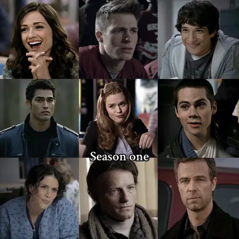 A collage-style image featuring nine portraits of characters from the TV series 'Teen Wolf'. The image is divided into three rows and three columns, each containing a different character. The characters are of different genders and ages and are in various moods. The top left shows a woman smiling. To the right is a man with short hair. Below them is another man giving a serious look. In the image's bottom middle is the text 'Season one'. The overall layout is designed to highlight the characters and give a glimpse into the show.