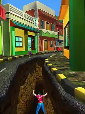 A 3D cartoon-style image depicts a street with colorful buildings on both sides. A deep chasm runs down the middle of the street, and a person in a pink shirt and blue jeans is positioned in front of it, seemingly about to 'jump' it. The buildings are various colors like green, yellow, red, and brown. The overall color palette is bright and vibrant.