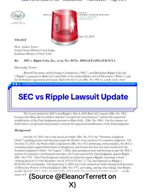 The image is a document from the SEC (Securities and Exchange Commission) about the case SEC vs. Ripple Labs. It has the SEC logo and contains a red light on the upper center. The text "SEC vs Ripple Lawsuit Update" is in a blue box overlaying the document. The date, June 12, 2025, is present on the image, along with snippets of the legal matter.