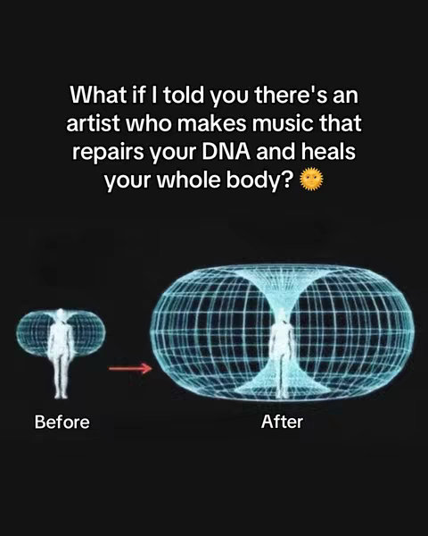 The image is composed against a black background. At the top, white text poses a question about an artist who makes music that repairs DNA and heals the whole body, accompanied by a yellow sun emoji. Below this, there's a visual comparison: a human figure inside a blue sphere labeled 'Before', connected by a red arrow to a human figure inside a larger, more intricate blue sphere labeled 'After'.