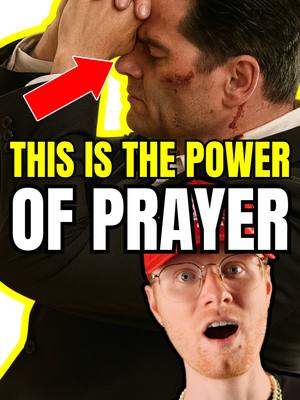 The image is a composite with a top-down layout. It features a man with a wound above the left eye and a reddish mark on his neck with eyes closed and hands clasped in prayer. Above the man's head is a large, red, directional arrow pointing up and over the man to show emphasis. Beneath him, a man with glasses and an open-mouthed expression looks up, implying surprise or reaction. The text is across the image, with the words 'THIS IS THE POWER' in yellow and the words 'OF PRAYER' in white. The background is a dark color with a yellow border on the top and left edges of the image.