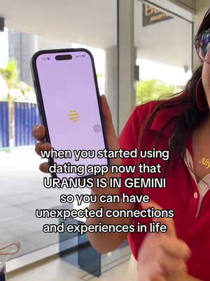 A woman is holding a phone showing a dating app. Text overlays explain the astrological context.