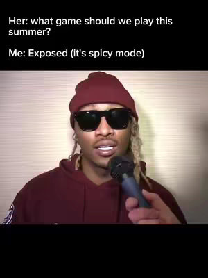 The cover image features a man wearing a maroon beanie and sunglasses, holding a microphone. Text overlays sit above him, posing a question from an imagined 'her' and a response from 'me'.