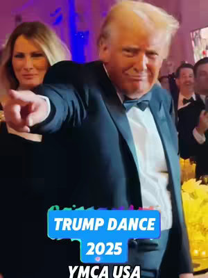Donald Trump, in a black suit and bow tie, points towards the viewer with a smile, Melania Trump stands behind and to the left of him. The image is from a high-profile event, with a blue-lit background and other attendees visible. Overlay text in a colorful banner at the bottom says 'Trump Dance 2025 YMCA USA'.