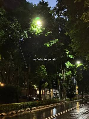 A nighttime scene of a wet street and sidewalk reflecting the lights from street lamps and buildings. Trees and foliage frame the view, and the sky is dark. Text "nafasuku terengh" is overlaid on the image.