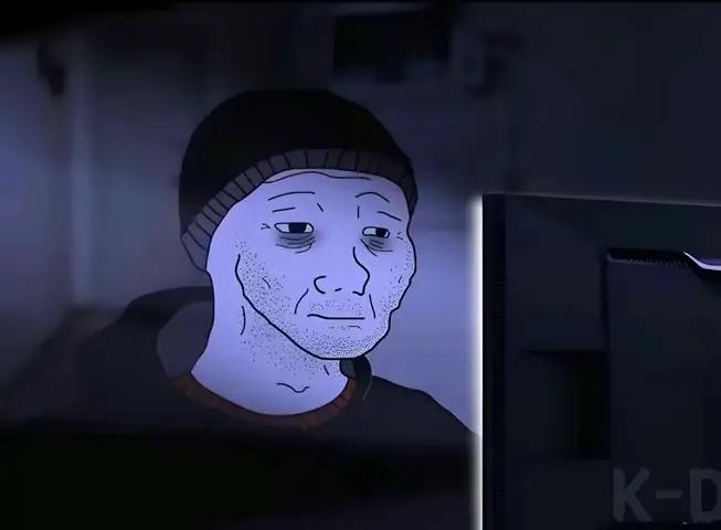 The image features a cartoonish depiction of a man facing a computer screen. The man is rendered in a monochromatic style with a blue tint, and he is wearing a black beanie. The background is dark, adding to the image's overall somber mood.