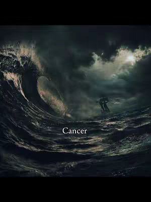 A dark, dramatic image of a large ocean wave cresting and breaking. The water is a dark, stormy blue, and the sky is overcast and foreboding. Silhouetted in the wave is what appears to be a small boat or figure. Text is overlaid on the image, stating the zodiac sign 'Cancer'.
